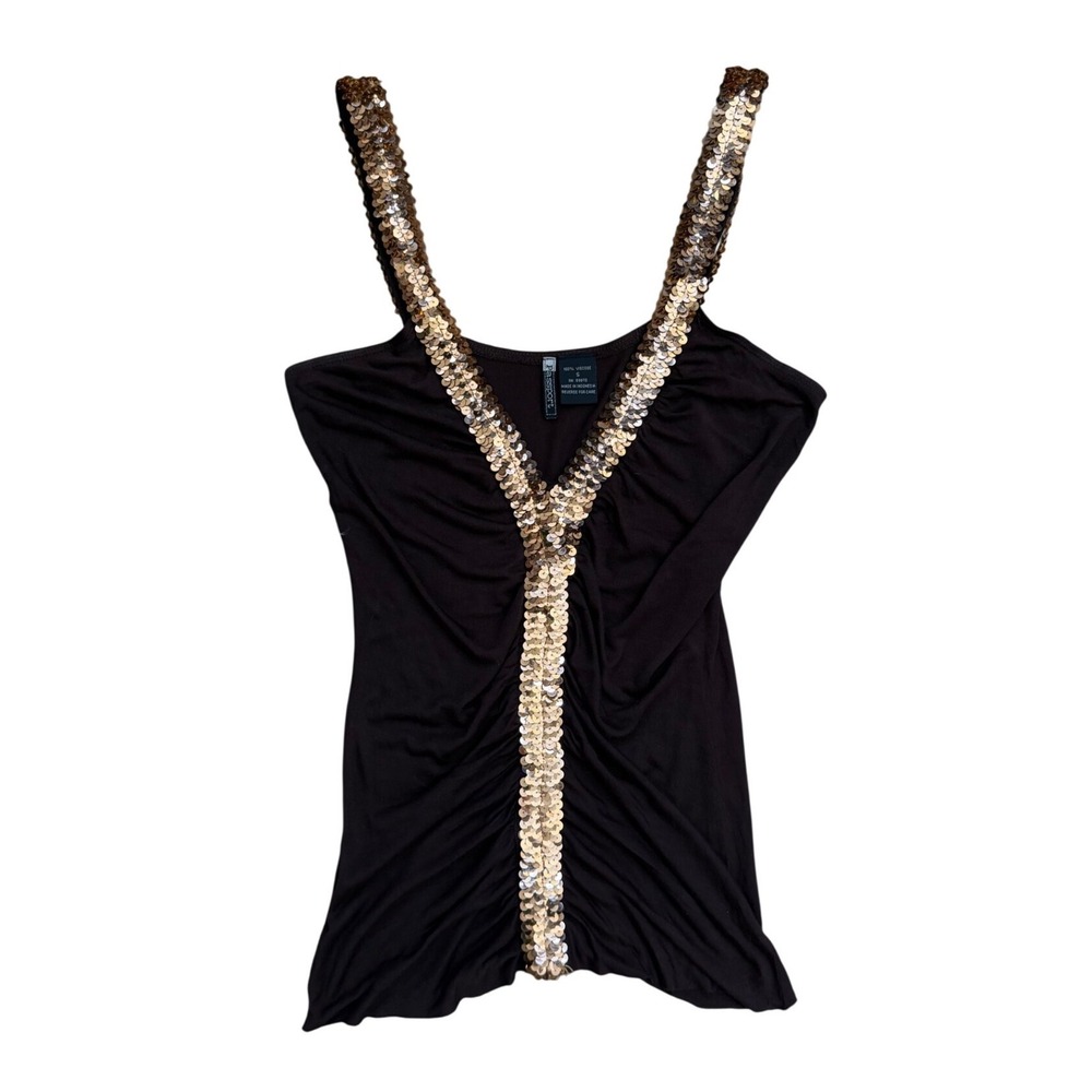 Brown Sequin V-Neck ruched Boho Tank Top Y2K Indie Sleaze S going out vtg blouse